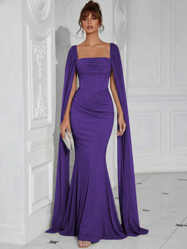 Chiffon Square Neck Pleated Ruffles Formal Dresses with Slit