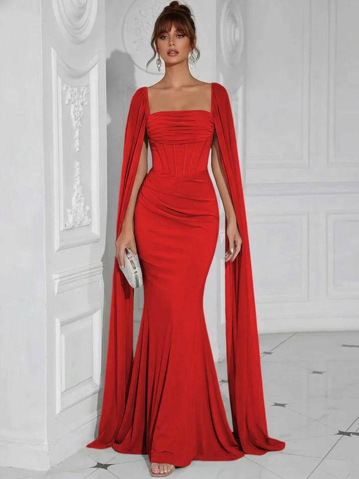 Chiffon Square Neck Pleated Ruffles Formal Dresses with Slit