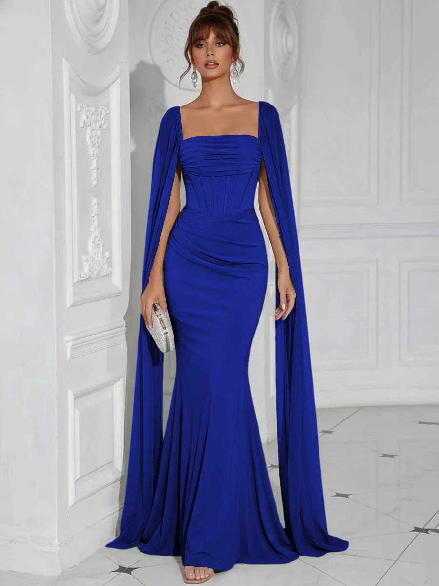 Chiffon Square Neck Pleated Ruffles Formal Dresses with Slit