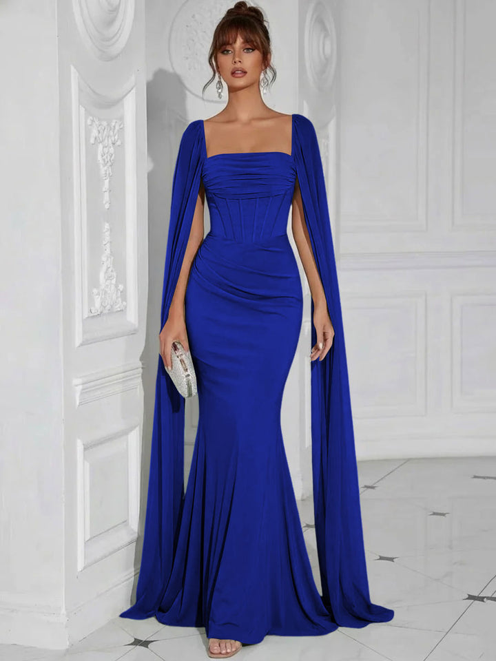 Chiffon Square Neck Pleated Ruffles Formal Dresses with Slit