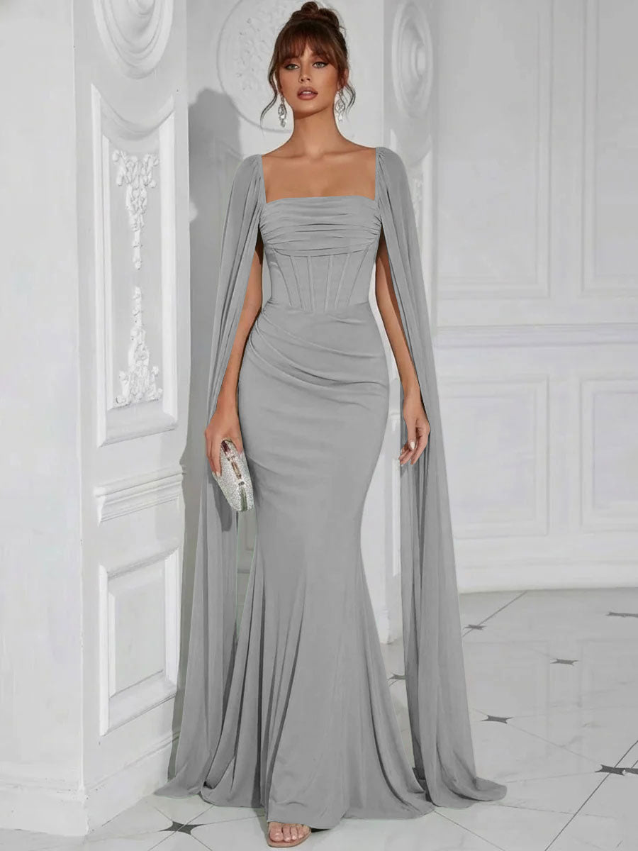 Chiffon Square Neck Pleated Ruffles Formal Dresses with Slit