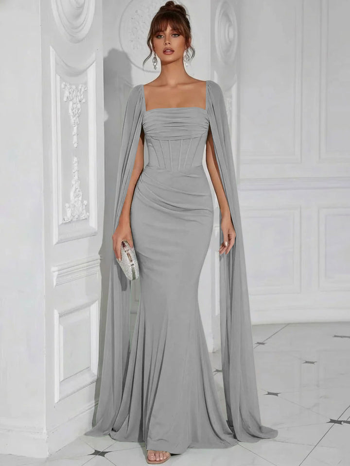 Chiffon Square Neck Pleated Ruffles Formal Dresses with Slit