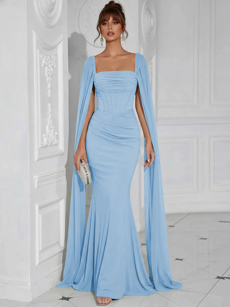 Chiffon Square Neck Pleated Ruffles Formal Dresses with Slit