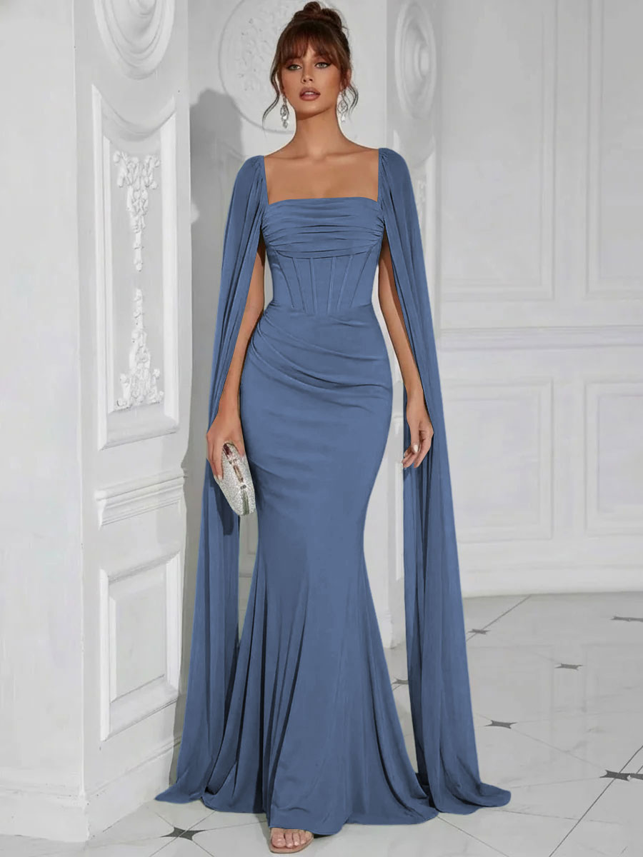 Chiffon Square Neck Pleated Ruffles Formal Dresses with Slit