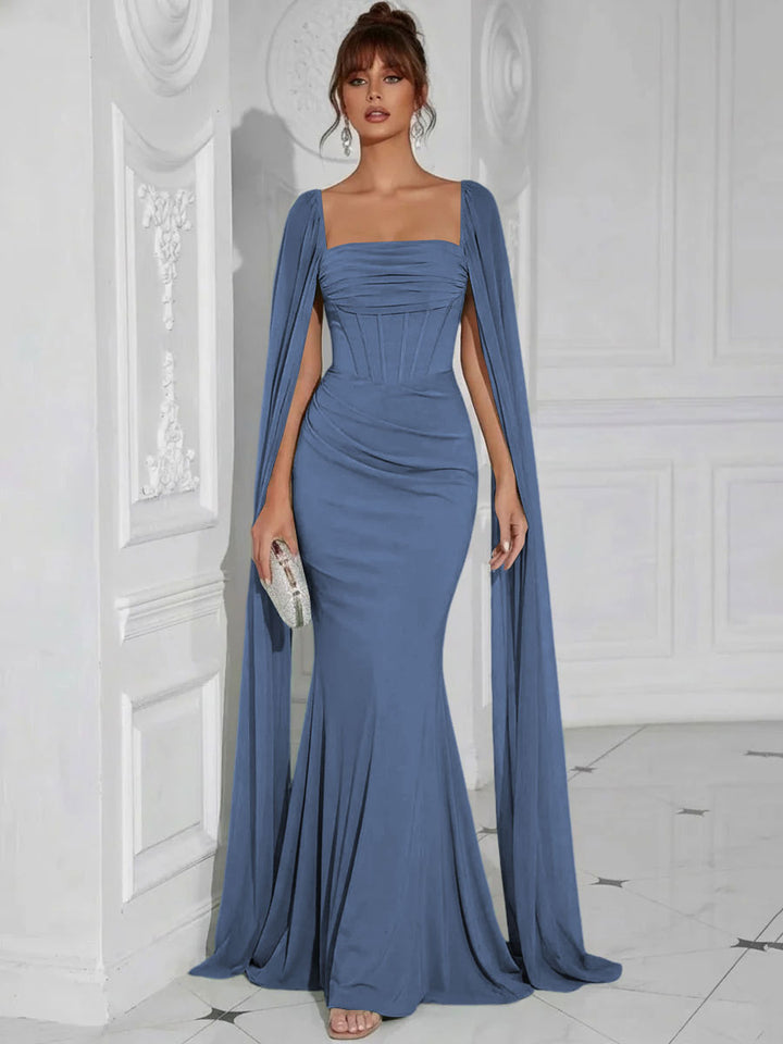 Chiffon Square Neck Pleated Ruffles Formal Dresses with Slit