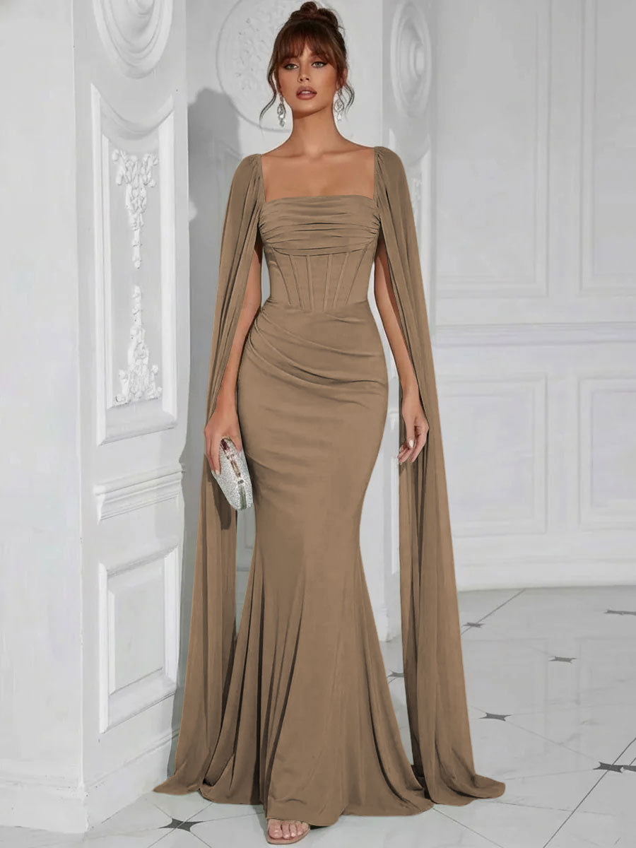 Chiffon Square Neck Pleated Ruffles Formal Dresses with Slit