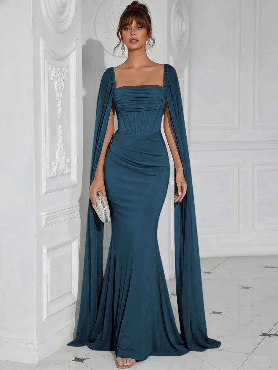 Chiffon Square Neck Pleated Ruffles Formal Dresses with Slit