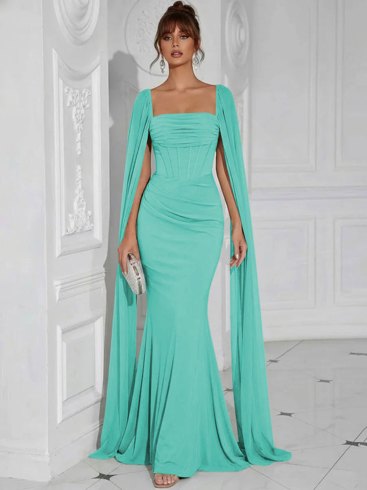 Chiffon Square Neck Pleated Ruffles Formal Dresses with Slit