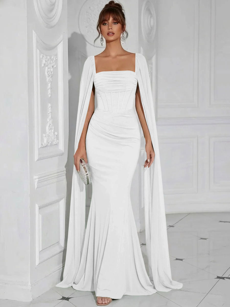 Chiffon Square Neck Pleated Ruffles Formal Dresses with Slit