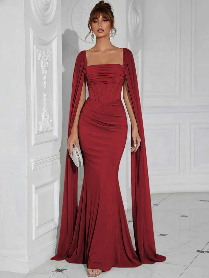 Chiffon Square Neck Pleated Ruffles Formal Dresses with Slit