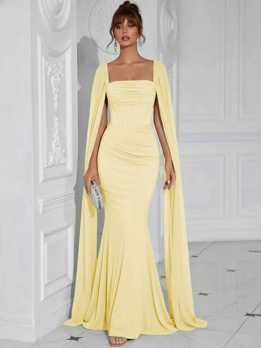 Chiffon Square Neck Pleated Ruffles Formal Dresses with Slit