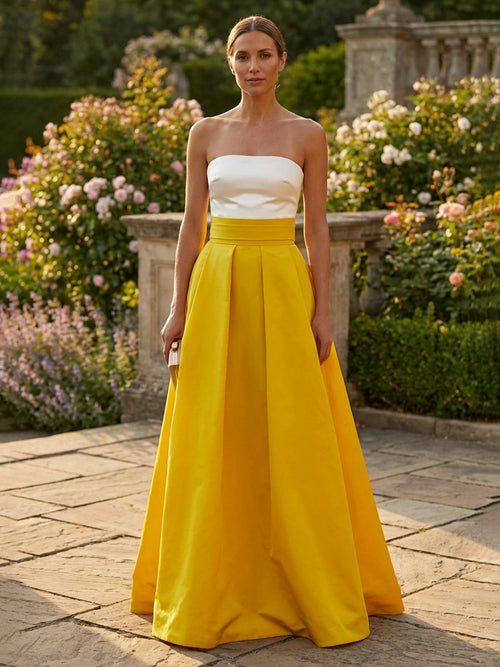 Satin Strapless Pleated Backless Formal Dresses