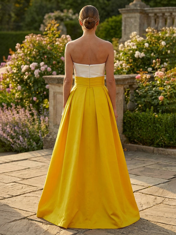 Satin Strapless Pleated Backless Formal Dresses