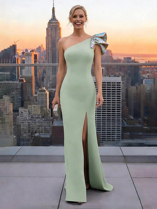 Satin One Shoulder Formal Dresses with Slit