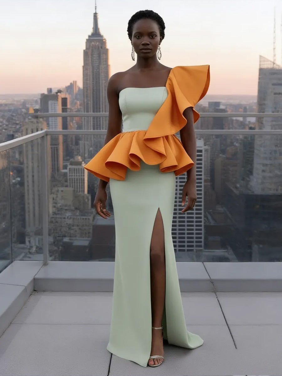 Layered Ruffles Satin One Shoulder Formal Dresses with Slit