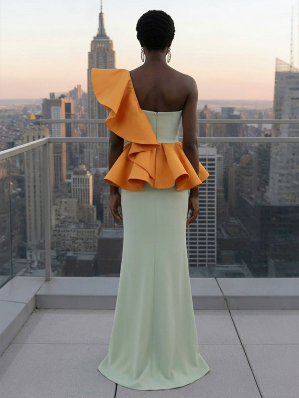 Layered Ruffles Satin One Shoulder Formal Dresses with Slit