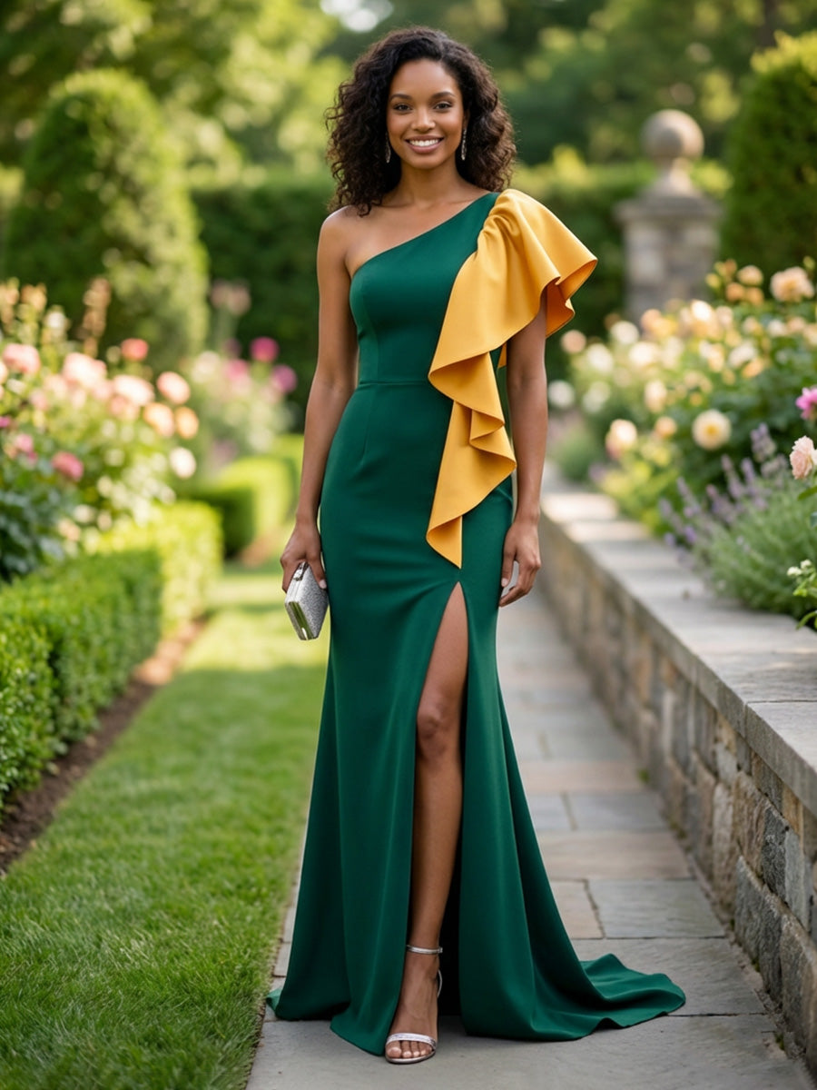 Satin Layered Ruffles One Shoulder Formal Dresses with Slit
