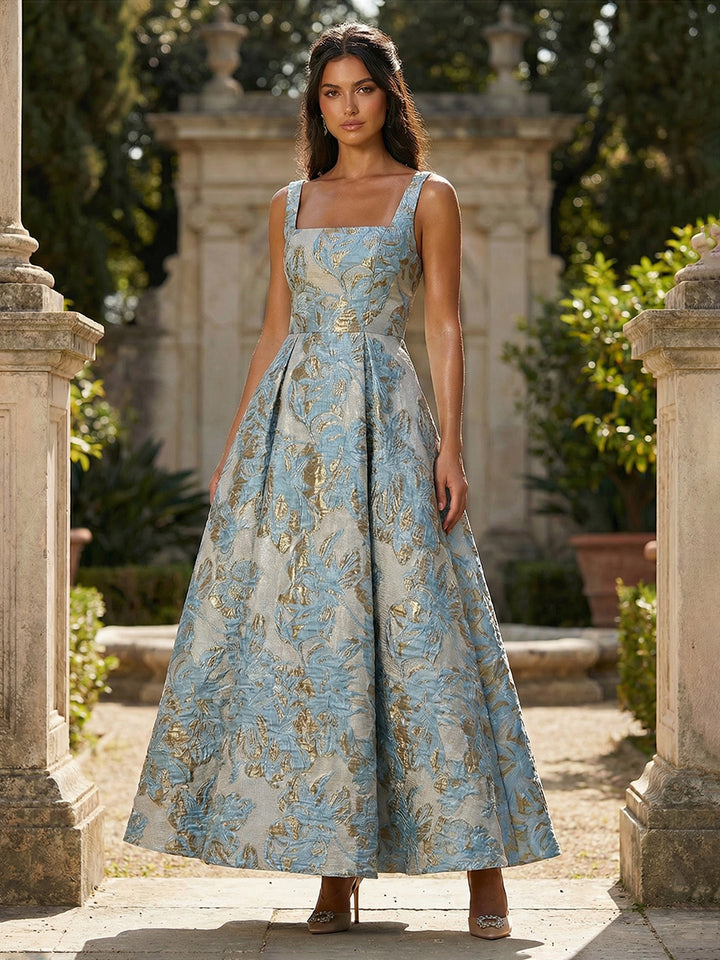 Jacquard Square Neck A Line Floral Pleated Evening Dresses