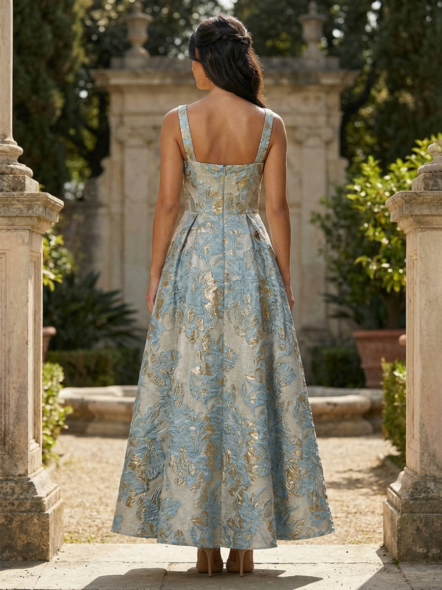 Jacquard Square Neck A Line Floral Pleated Formal Dresses