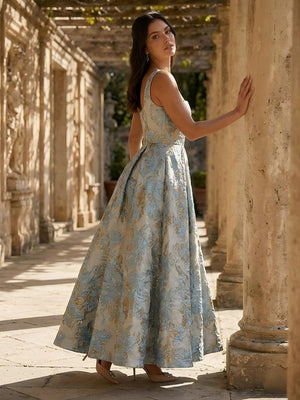 Jacquard Square Neck A Line Floral Pleated Formal Dresses