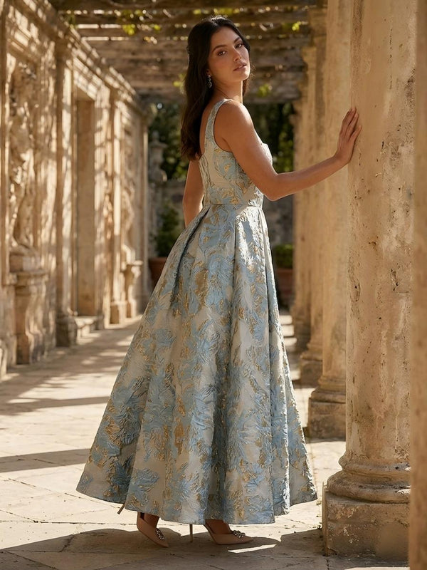 Jacquard Square Neck A Line Floral Pleated Formal Dresses