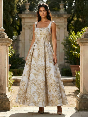 Jacquard Square Neck A Line Floral Pleated Formal Dresses