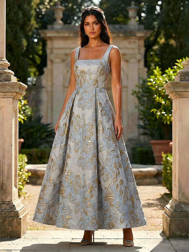 Jacquard Square Neck A Line Floral Pleated Evening Dresses