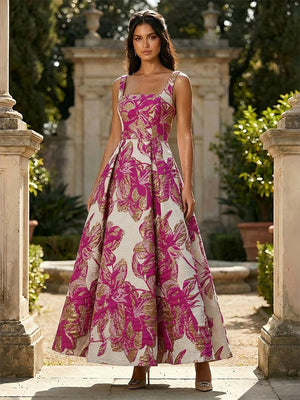Jacquard Square Neck A Line Floral Pleated Formal Dresses