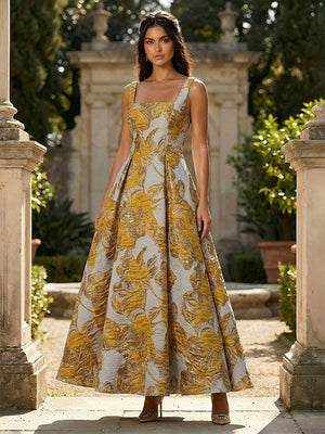 Jacquard Square Neck A Line Floral Pleated Formal Dresses