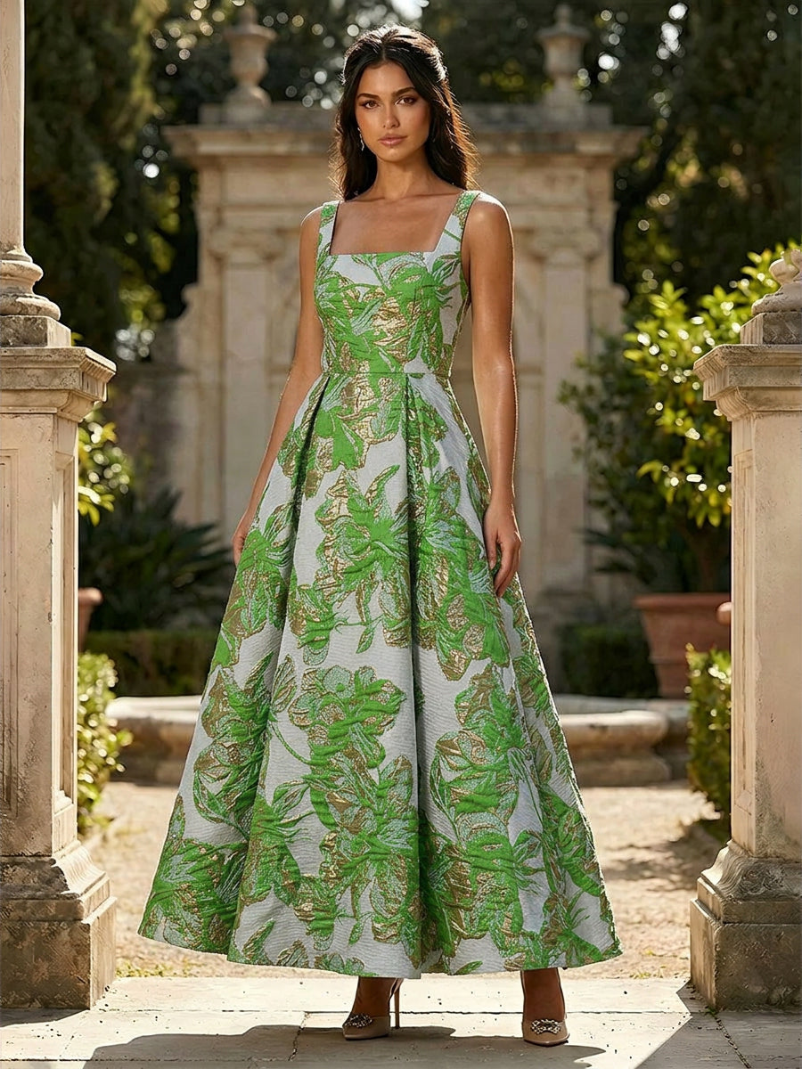 Jacquard Square Neck A Line Floral Pleated Evening Dresses