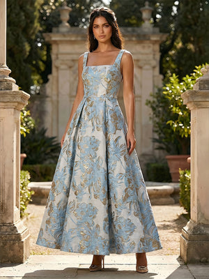 Jacquard Square Neck A Line Floral Pleated Formal Dresses