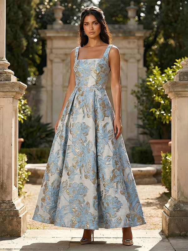 Jacquard Square Neck A Line Floral Pleated Formal Dresses