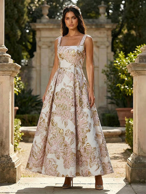 Jacquard Square Neck A Line Floral Pleated Formal Dresses