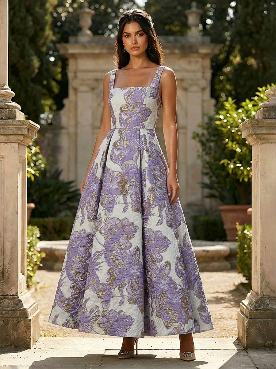 Jacquard Square Neck A Line Floral Pleated Evening Dresses