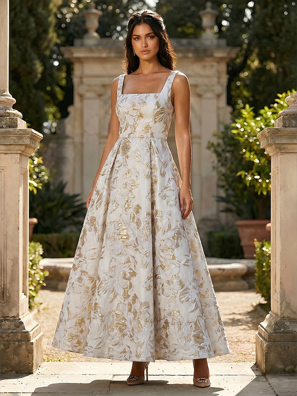 Jacquard Square Neck A Line Floral Pleated Formal Dresses