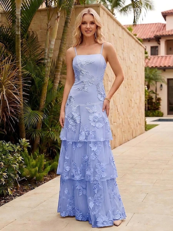 Spaghetti Straps Square Neck Layered Ruffles Floral Formal Dresses