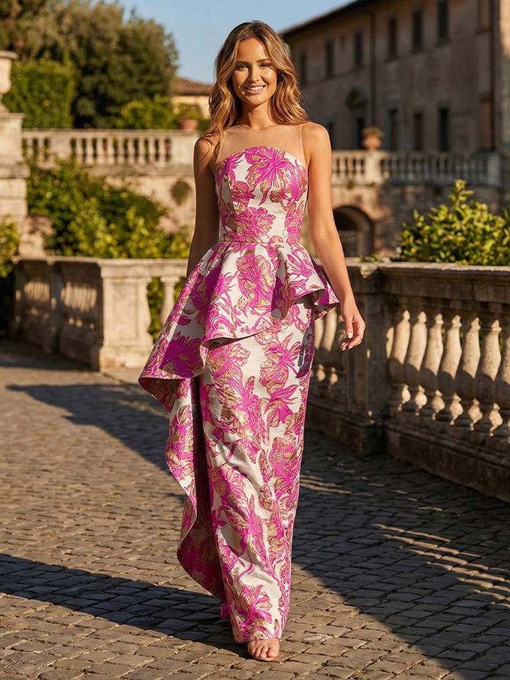 Jacquard A Line Strapless Floor Length Evening Dresses