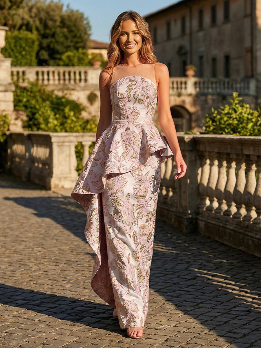 Jacquard A Line Strapless Floor Length Evening Dresses