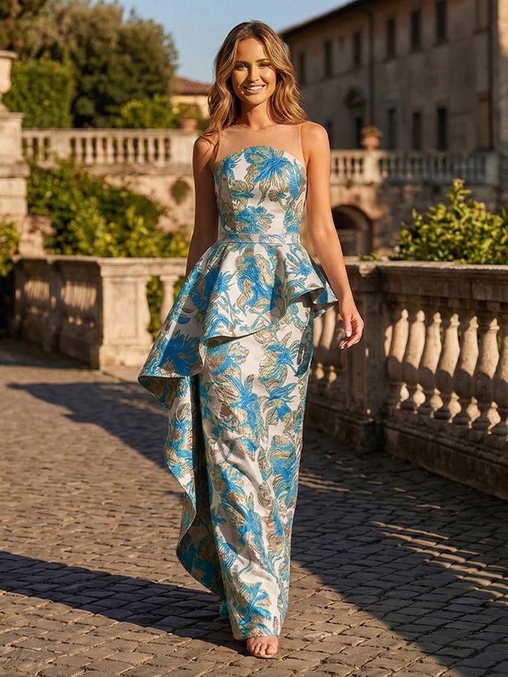 Jacquard A Line Strapless Floor Length Evening Dresses