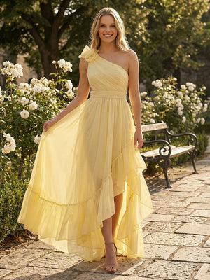 Tulle A Line One Shoulder Floor Length Formal Dresses