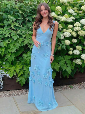 Satin A Line V Neck Floor Length Formal Dresses