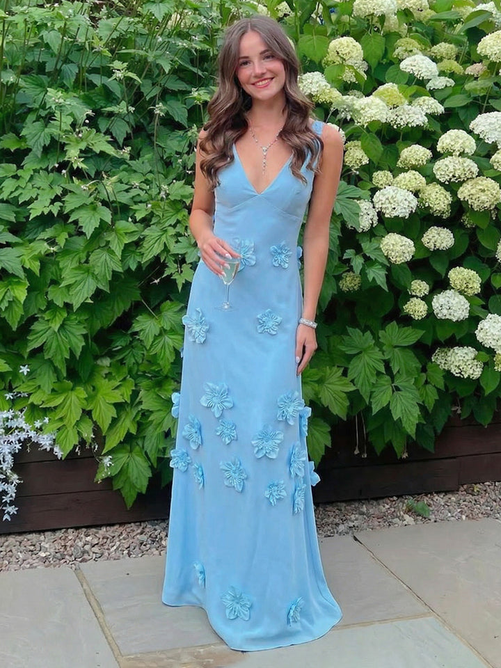Satin A Line V Neck Floor Length Formal Dresses