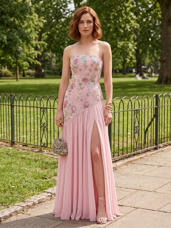 Chiffon Mermaid Strapless Side Slit Formal Dresses