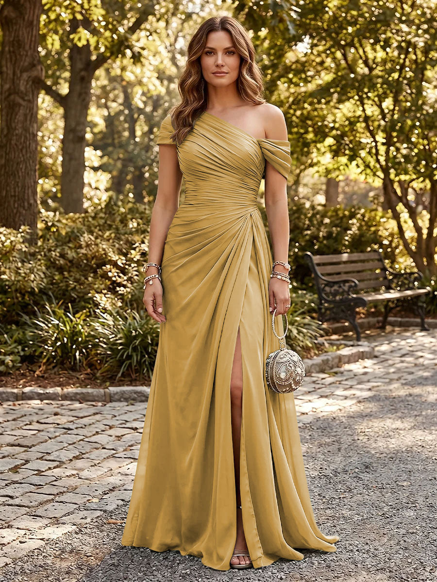 Chiffon A Line One Shoulder Side Slit Formal Dresses