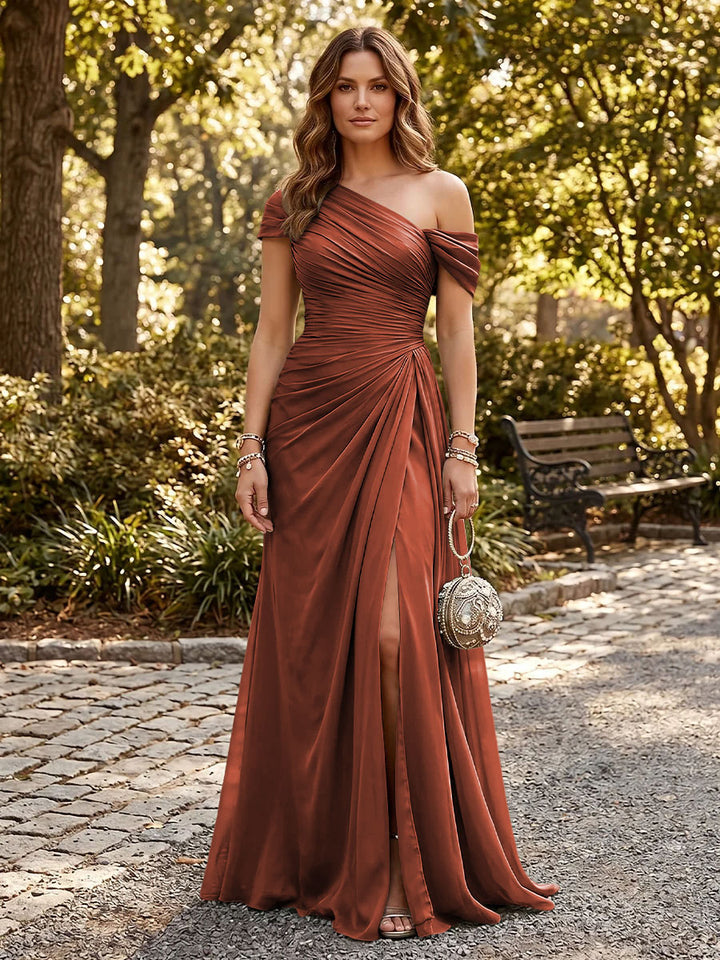 Chiffon A Line One Shoulder Side Slit Formal Dresses
