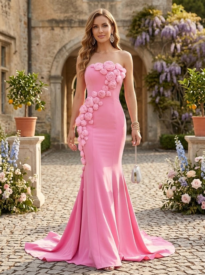 Satin Mermaid Strapless Floor Length with 3D Flowers Formal Dresses
