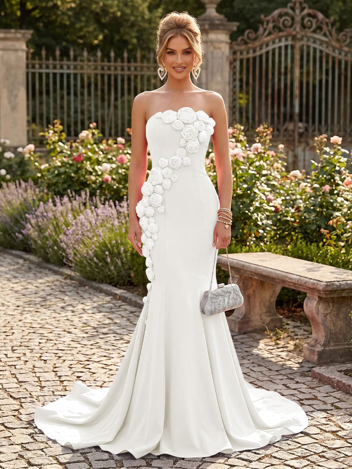 Satin Mermaid Strapless Floor Length with 3D Flowers Formal Dresses