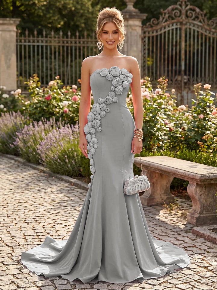 Satin Mermaid Strapless Floor Length with 3D Flowers Formal Dresses