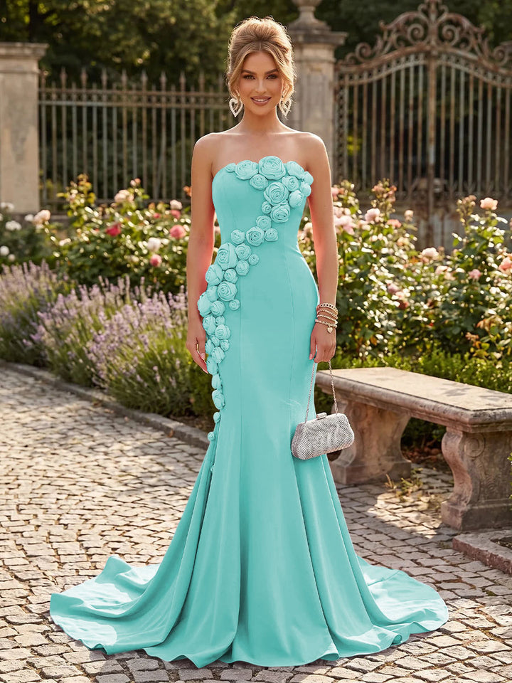 Satin Mermaid Strapless Floor Length with 3D Flowers Formal Dresses