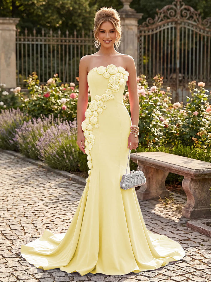 Satin Mermaid Strapless Floor Length with 3D Flowers Formal Dresses